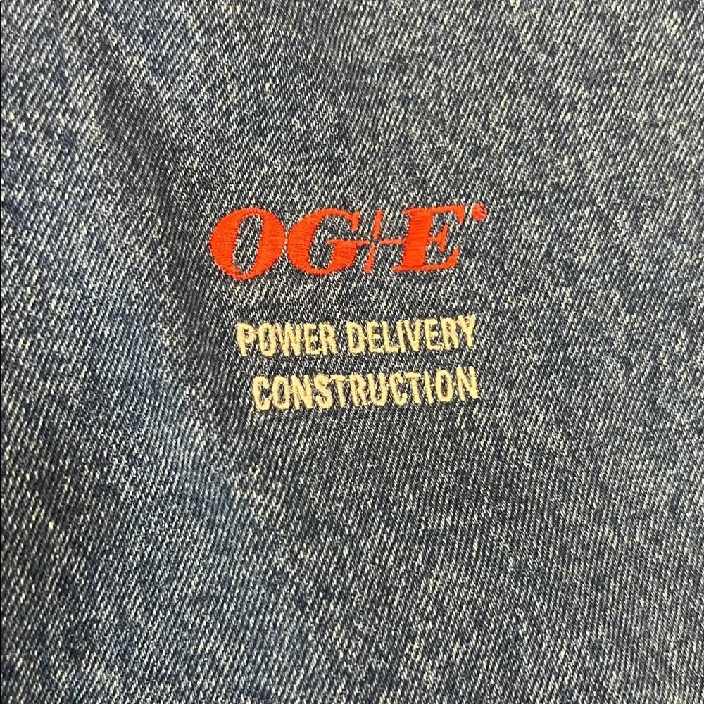 VTG Lee Denim & Beige Bomber Jacket with"OGE"& "POWER DELIVERY CONSTRUCTION" XXL - Picture 3 of 10